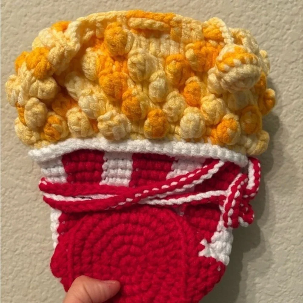 Handmade Crochet Popcorn Bag Knit Shoulder Purse‎ Red White Yellow Unique Gift